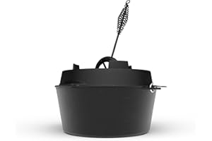 ‎ELITE BBQ ELITE BBQ Dutch Oven ohne Füße in 6.0 qt mit 5,6 Liter mit Kochbuch, der Brotbacktopf Gusseisen als Outdoor Topf zum Outdoor kochen, der Ditchofen Gußtopf mit Dutch Oven Deckelheber, One Pot Topf