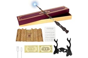 CJBIN Bacchetta Sambuco con Luce, USB Ricarica, Confezione Regalo con Carta Incantesimo, Biglietto della Stazione, Mappa e Porta Bacchetta