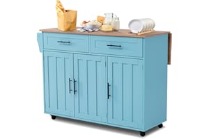 ‎DRIXNO DRIXNO kücheninsel freistehend mit Klappbarer arbeitsplatte küchenschrank küchenwagen auf 5 Rollen, mit Ablage und 2 Schubladen, Blau Für Esszimmer 129 * 71 * 91.5cm