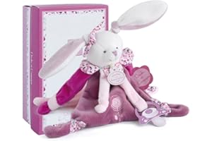 Doudou et Compagnie - Doudou Attache Tétine, Sucette - Lapin Cerise Rose - Boite Cadeau - 17 Cm - Idée Cadeau de Naissance Fille - Garantie Doudou Perdu - DC2701