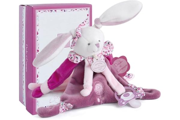 Doudou et Compagnie - Doudou Attache Tétine, Sucette - Lapin Cerise Rose - Boite Cadeau - 17 Cm - Idée Cadeau de Naissance Fille - Garantie Doudou Perdu - DC2701