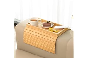 GEHE Natural Bamboo Sofa Arm Tray Table, Anti-Slip Couch Cup Holder for Snacks, Phone, Control, Cups - Flexible and Foldable