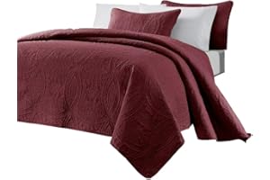 Chezmoi Collection Austin 3-Piece Oversized Bedspread Coverlet Set (King, Burgundy), Polyester