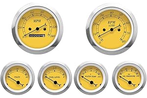 MOTOR METER RACING Classic 6 Gauge Set with Mechanical Speedometer Analog Odometer Yellow Dial Black Needle White LED Illumination 85mm 3-3/8" & 52mm 2-1/16"