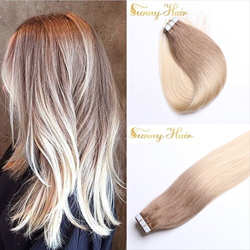Sunny 50g/20pcs Ash Brown to Bleach Blonde(colour 613) 100% Remy Brazilian Hair Ombre Tape in Straight Human Hair Extensions 18inch