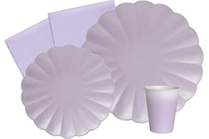Ciao Kit Vajilla de Fiesta Flower Shape para 24 personas (112 pcs: 24 platos Ø23cm, 24 platos Ø18cm, 24 vasos 250ml, 40 servilletas 33x33cm) de papel compostable eco-friendly, lavanda púrpura