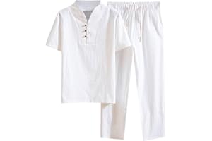 Caxndycing Traje de lino de dos piezas para hombre, de algodón, para verano, deporte, ocio, manga corta, camisas, pantalones de lino