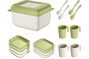 Severnier Vajilla de plástico, 17 pcs Vajilla Camping 4 Personas, Vajilla plastico Duro Reutilizables, Cubiertos Camping con contenedor portátil, sin BPA, Juego de vajilla para Adultos y niños