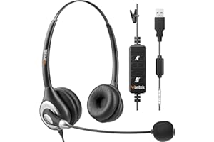 WANTEK USB headset with microphone, noise cancelling stereo PC headphones for laptop, computer, softphone, Skype, webinars, office, shop, call centres, audio control, clear chat, ultra comfort.