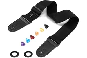 MxyVrix Tracolla Regolabile per Chitarra in Cotone Nero, Cinghie per Chitarra con Estremità in Pelle, Tracolla per chitarra Adatta per Basso, Chitarra Elettrica e Acustica