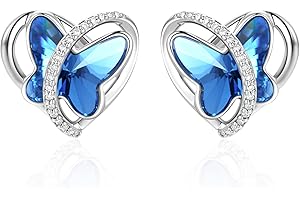 GEORGE · SMITH Boucles D'oreilles Papillon Plaqué Argent pour Femme Fille Boucle Doreille Cœur Amour Papillon Bleu Cristal Bijoux Noël Cadeaux d'anniversaire pour Maman Épouse