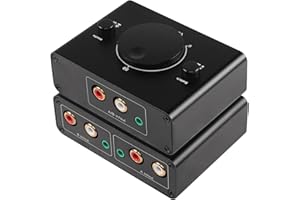 CERRXIAN Commutateur Audio stéréo bidirectionnel 2 Voies RCA 3,5 mm, 2 entrées 1 Sortie/1 entrée 2 Sorties, boîtier de Commutation répartiteur Audio, Bouton de sourdine à Une Touche pour écouteurs