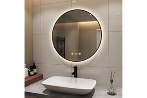 ‎S'AFIELINA S'AFIELINA Runder Badspiegel Badezimmerspiegel mit Beleuchtung 70cm Durchmesser Wandspiegel mit TouchSchalter und Beschlagfrei Taste Neutralweiß Licht, Digitaluhr, IP44 (Schwarz)