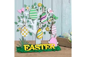 PINKBLUME Easter Decorations Wood Easter Tree Desktop Decorations Easter Tree Centerpiece Wooden Bunny Rabbit Egg Easter DIY Table top Craft Spring Decor for Happy Easter Day Boys Girls Room Birthday Gift
