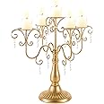 LANLONG 15.3in Gold Candelabra Centerpieces for Tables, 5 Arm Crystal Candelabra for Pillar Candles, Metal Candelabra Candle Holders for Wedding Centerpiece Decor Party Event Reception Decoration