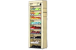 BAKAJI Scarpiera Armadio Salvaspazio 11 Ripiani 60x30x175cm Fino a 30 Paia di Scarpe Struttura Acciaio e Rivestimento in Tessuto TNT Impermeabile con Chiusura Zip Antipolvere (Beige)