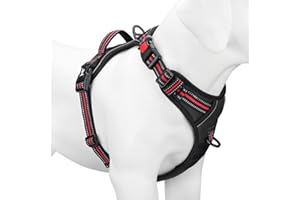 PoyPet No Pull Dog Harness, [Release on Neck] Reflective Adjustable No Choke Pet Vest with Front & Back 2 Leash Attachments, Soft Control Training Handle for Medium Dogs(Black,M)