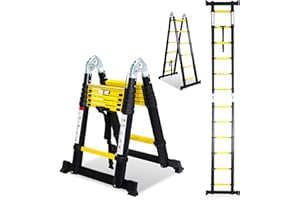 Randaco Scala telescopica pieghevole, 3.8 m (1,9 + 1,9 m) Scala pieghevole antiscivolo in alluminio, Estensione Rapida, Scala multiuso Leggero e Flessibile, Portata massima 150 kg,Nero e Giallo