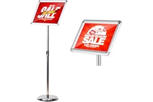 HUAZI Adjustable A4 Poster Stand Floor Sign Holder Stand,Heavy Round Base,Both Vertical & Horizontal View Displayed,Snap-Open Frame with Safety Corner,Silver