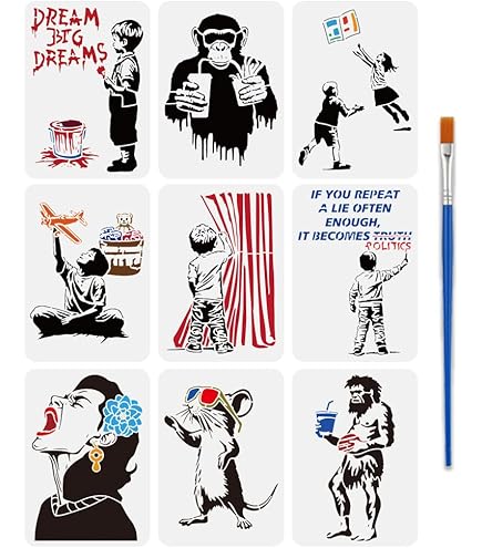 FINGERINSPIRE 9 Piece Set Banksy Painting Template 21x29.7cm Reusable Banksy Girl Boy Chimpanzee Pattern Drawing Template Life is Beautiful Decoration Template for Painting on Wood Wall Fabric