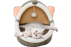 Sheripet Cat Bed Cave, Washable Dog Cave Bed with Non-slip Bottom, Cute Pet Bed with Plush Toy Ball, Cute Cat Igloo Grey with Cat Ear, Light Grey 16" L×16" W×14" H