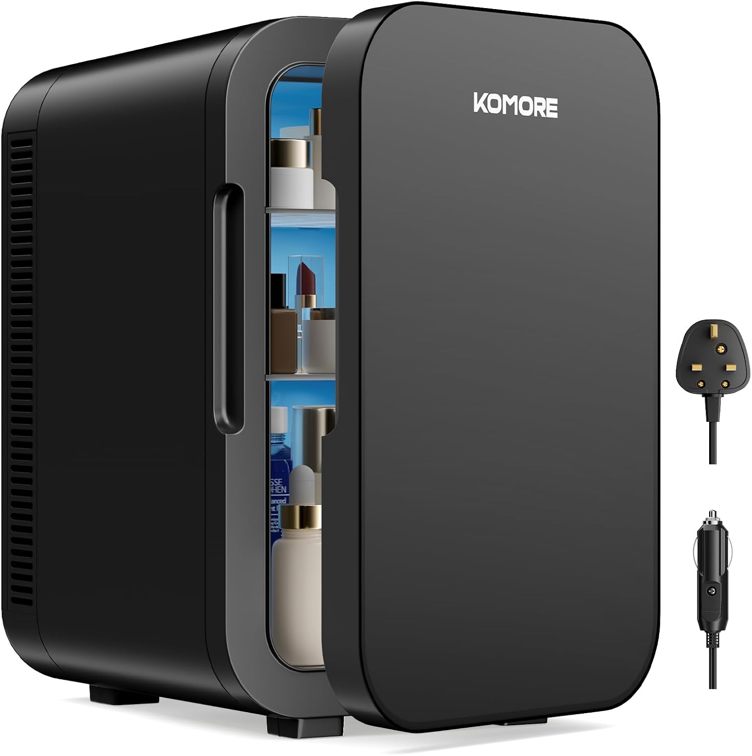 KOMORE Mini Fridge 18 Litre, 20 Cans Mini Fridge for Bedrooms with Handle, Portable Small Refrigerator, Cooler & Warmer for Drinks, Car, Travel, Cosmetics/Makeup/Skincare, AC+DC Power (Black)