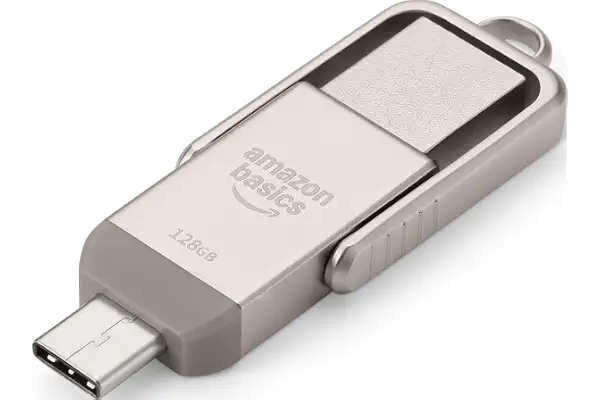 Amazon Basics Memoria USB, Memoria Portátil con Puertos USB C y USB A Duales, 128GB, Color Champán Plateado
