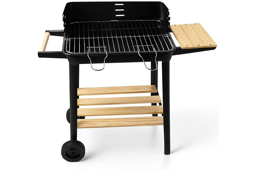 JARDIN202 - Barbacoa Rectangular de Carbón con Parrilla Cromada Arizona | Ruedas para Transporte | Bandeja de Madera | Grill