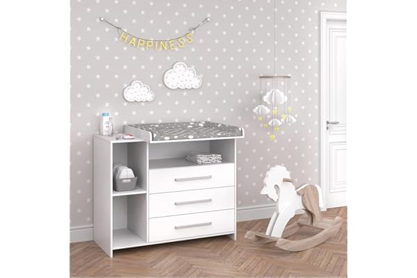 Vicco Commode à Langer Oskar, Blanc, 113x100cm avec tiroirs, Transformable en Commode Standard après Retrait du Plan à Langer