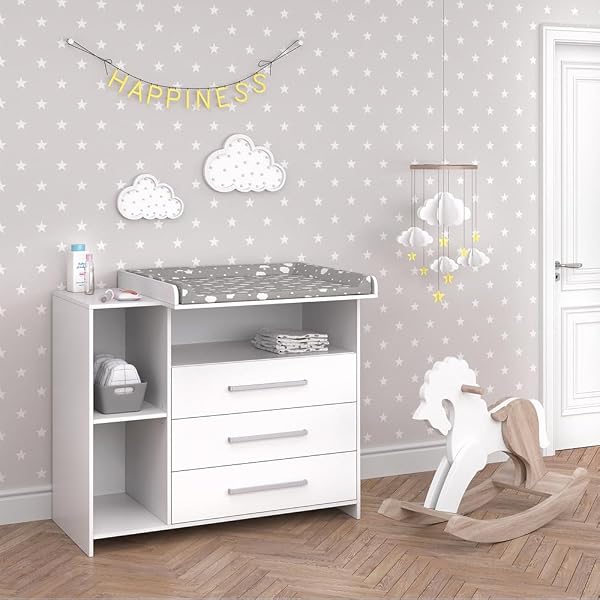 Commode à Langer Bébé 3 Tiroirs + 3 étagères - Plan à Langer Amovible - Dimensions 93x110x55 Cm - Effet Chêne Gris