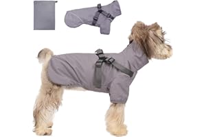 AIMYDOG Doggo Raincoat for Small, Medium Dogs - Waterproof Dog Jacket with Built-in Harness, Reflective Plucking, Grey, XS