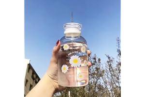JZSMY Botella de agua de jugo de leche de 480 ml con escala, 2 tapas, diseño de margarita pequeña, mate, portátil, transparente, botella de vidrio creativa y práctica (6 flores transparentes)