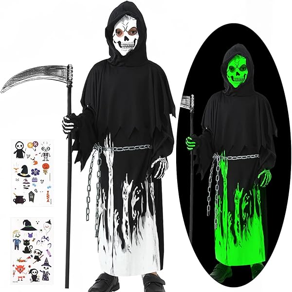 Faburo Mantello con cappuccio in velluto nero Mantello di Halloween Costumi + Falce+Maschera Teschio+Guanti Scheletro, Triste Mietitore Vampiro