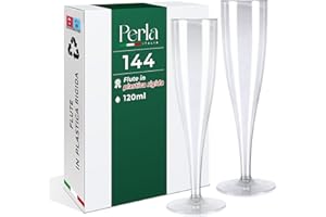 PERLA ITALIA Perla - 144 Flute da Champagne Eleganti in Plastica - 120ml - Calici Trasparenti - Resistenti e Riutilizzabili - Bicchieri da Brindisi per Feste Compleanni Matrimoni Natale Capodanno