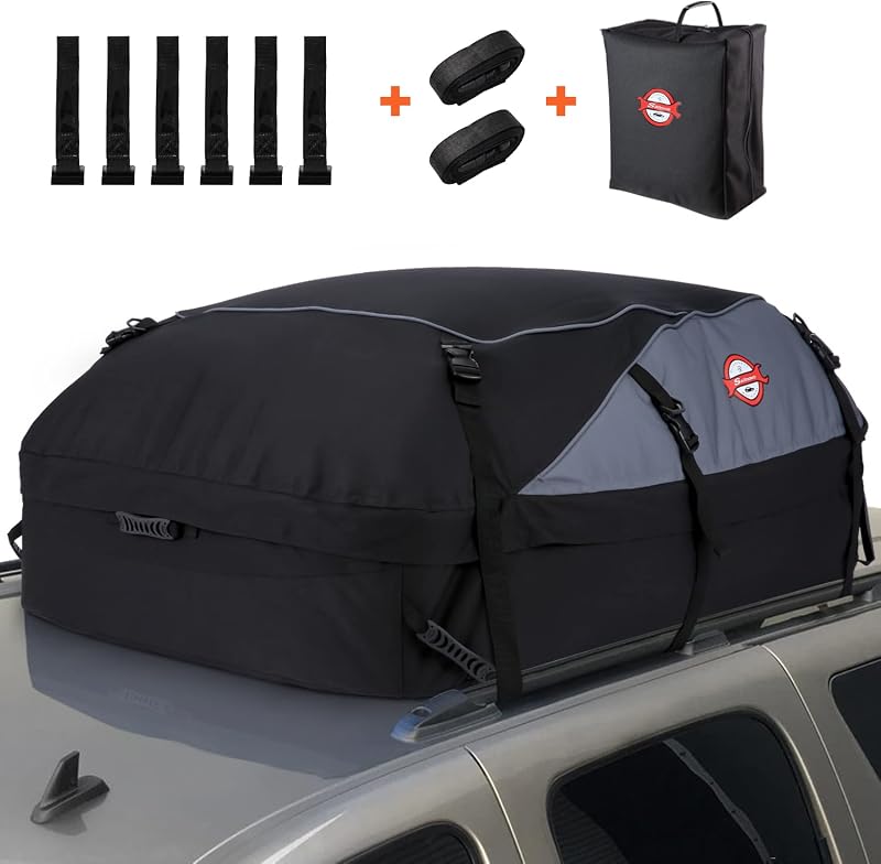 Sailnovo Car Roof Bag 20 Cubic Feet Foldable Roof Box, Soft Roof Box Storage for Most Cars with/without Roof Bars, Include 6 Reinforced Straps,6 Door Hooks