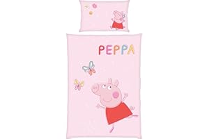 MTONLINEHANDEL Peppa Pig Children's Bedding Set, 100 x 135 cm Duvet Cover + 40 x 60 cm Pillowcase, Breathable Cotton, with Zip, Peppa Pig Butterfly in Pink, Gift Idea for Girls