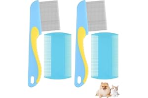 Brillirare 4 Pack Flea Lice Comb, Stainless Steel Dog Cat Grooming Combs with Rounded Teeth, 2-in-1 Double Sided Professional Pet Tear Stain Remover, Dematting Tool for Small, Medium & Large Pets