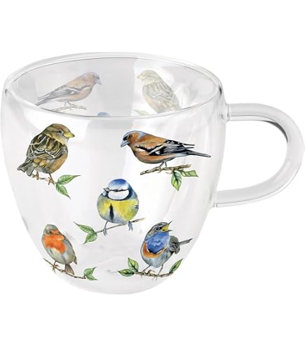 Ambiente Teetasse Aus Borosilikatglas – Doppelwandig, 200 Ml, Mit Rotkehlchen-Motiv – Mikrowellen- Und Spülmaschinengeeignet