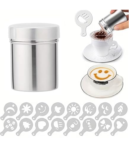 Puderzuckerstreuer Edelstahl | Mit 16 Kaffee Schablonen | Für Cappuccino & Backdekoration