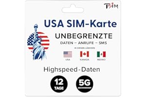 TSIM USA Kanada MEXIKO SIM-Karte | 12 Tage | Unbegrenzt Daten/Anrufe/SMS | Prepaid | Tethering/Hotspot/Internetein Sharing | 5G SIM-Karte!