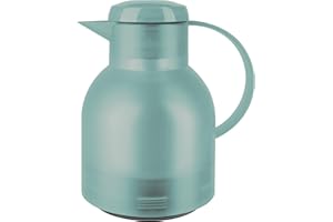 Emsa Samba Isolierkanne, 1 Liter Fassungsvermögen, Quick Press Verschluss, 100% dicht, 12h heiß und 24h kalt, mit Glaskolben, made in Germany, Transluzent/Puder-Grün, 505719