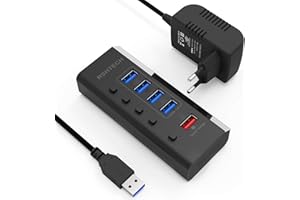Hub USB do szybkiego ładowania, RSHTECH Aktywny koncentrator USB 3.0 z zasilaczem, 1 port szybkiego ładowania, 4 porty USB 3.0, niezależne przełączniki i LED, 5-portowy koncentrator USB z zasilaczem
