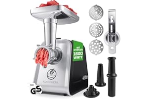 KOCHWERK elektrischer Fleischwolf mit verschiedenen Aufsätzen | verarbeitet bis zu 2000g/min | Hackfleisch, Kibbeh, Churros, Wurst & mehr auf Knopfdruck | leichte Bedienung und Reinigung [1600W]