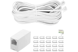 MAOZHOU Telephone Extension Cord,10 m RJ11 6P4C Telephone Connection Cable + Coupler + 20 Cable Clip,Straight Telephone Extension Line for Landline Home and Office Fax Modem Extender - White