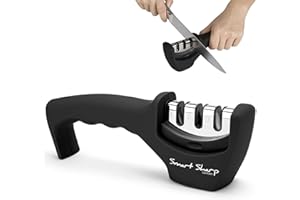 Lantana Smart Sharp Knife Sharpener - Professional 3 Stage Manual Sharpener for Sharpening Kitchen Knives - Ceramic Stone, Tungsten Carbide Plates, Diamond rods. Ergonomic Design, Black/Chrome Finish
