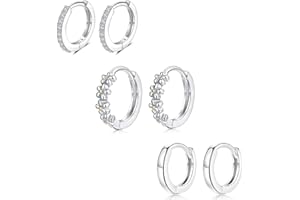 JOPLY Sterling Silver Hoop Earrings Set for Women, 3 Pairs Small Huggie Hoop Earrings | Hypoallergenic Flower Cubic Zirconia Twisted Hoops Earring Jewelry for Men Girls, (8mm*3)