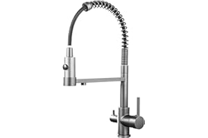 PLUSSEN 3 Vie Rubinetto Cucina Molla con Spirale e Doccetta Tira fuori estraibile per I Sistemi Osmosi Filtro L'acqua Acqua, Miscelatore Monoleva Monocomando per Lavello potabile (19-Grigio)