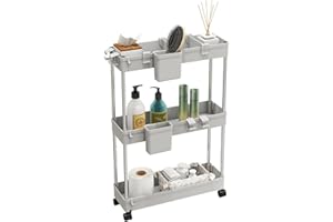 LYNCOHOME Rollwagen Küchenwagen mit 3 Ebenen, Küchenregal Nischenregal auf Rollen, Badregal Aufbewahrungswagen für Küche Badezimmer, mit 4 Haken+2 Behälter+Korbunterteilungen