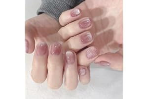 WOOXDYUK 24 sztuki sztucznych paznokci z klejem do paznokci, sztuczne chipsy z brzoskwiniowego różowego kwarcu, krótkie, różowe francuskie sztuczne paznokcie, błyszczące owalne, do studia paznokci DIY