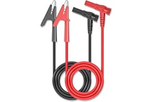 Cleqee 2 cables de prueba para multímetro de banana, ángulo a cocodrilo, pinzas de cocodrilo, cables de prueba suaves y flexibles para pruebas eléctricas, 1 m